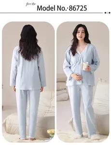 Front and back views of a light blue long-sleeved maternity pajama set with delicate lace trim