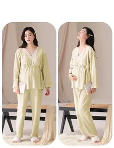 Full front and side view of comfortable pale yellow maternity loungewear set for home