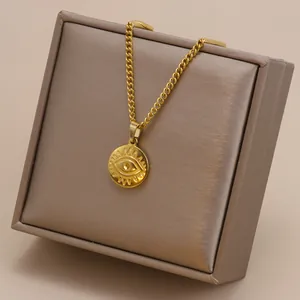 Vintage 18K gold plated stainless steel evil eye pendant necklace on display box