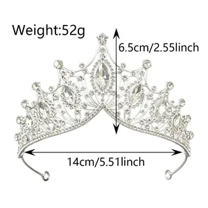 Luxury silver Baroque bridal tiara with marquise rhinestones and product dimensions