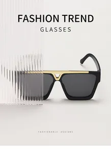 Detailaufnahme einer übergroßen quadratischen Sonnenbrille mit goldenem Metallsteg