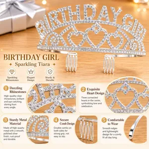 Sparkling silver Birthday Girl tiara featuring dazzling rhinestones and elegant heart designs