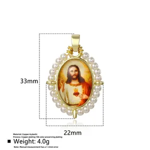 Detailed view of oval Jesus relief pendant with imitation pearls and 33x22mm measurements