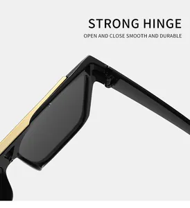 Detailansicht des robusten Metallscharniers einer schwarzen quadratischen Sonnenbrille