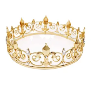 Elegant gold alloy king crown with fleur-de-lis pattern and crystal accents for party