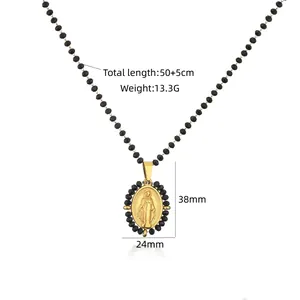 Detailed dimensions of gold stainless steel religious pendant necklace with beads
