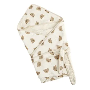 Soft 4-layer cotton gauze newborn swaddle hooded blanket with cute teddy bear print.