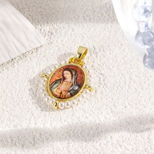 Detailed view of the oval Virgin Mary pendant with an elegant imitation pearl border