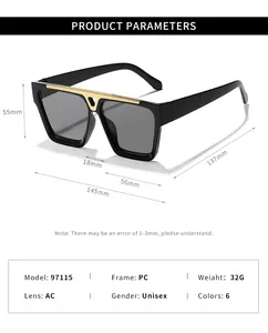 Detailansicht der quadratischen Sonnenbrille mit Maßen und PC-Rahmen-Spezifikationen