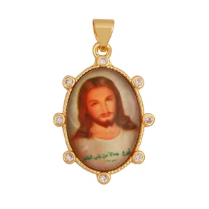 Vintage 18K gold-plated brass pendant featuring a portrait of Jesus Christ with zircons