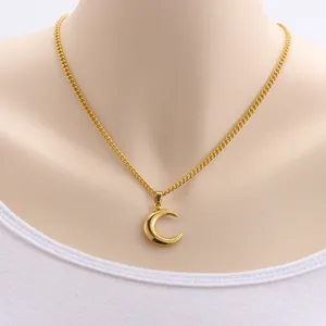 Close-up of a minimalist gold crescent moon pendant necklace on a stainless steel chain