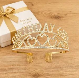 Elegant golden birthday girl rhinestone tiara crown shown with white gift box packaging