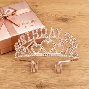 Detail view of rose gold Birthday Girl tiara with sparkling rhinestones and heart motifs