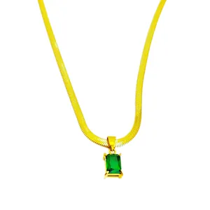 Elegant titanium steel blade chain necklace with an emerald green square zircon pendant