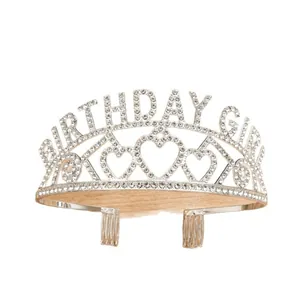 Sparkling silver rhinestone tiara with Birthday Girl lettering and elegant heart design