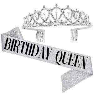 Silver birthday party decoration set including crystal crown tiara and glittery sash