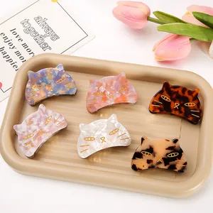 Vintage Cat Shape Acetate Hair Claw Clips Retro Tortoise Shell Marble Pattern Glitter Hairpins Cute Animal Hair Accessories For Women