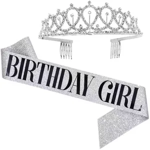 Elegant birthday girl sash and tiara set with silver glitter and sparkling rhinestones