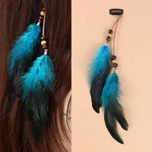 Molletta per capelli vintage bohemian con piume lunghe blu e nere e nappe di perline