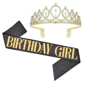 Gold rhinestone tiara and black glitter Birthday Girl sash set for party celebrations