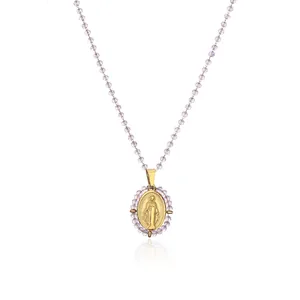 Stainless steel oval Virgin Mary pendant necklace featuring purple beaded chain accents