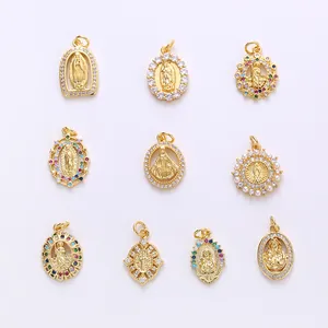 Assorted gold-plated religious pendants with cubic zirconia for DIY jewelry making