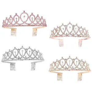 Elegant set of four sparkling crystal birthday party crowns in gold, silver and rose gold