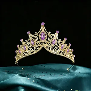 Luxury gold Baroque tiara with purple marquise gemstones for bridal wedding hair jewelry