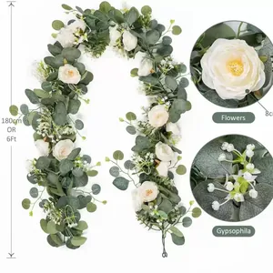 Detailansicht der 180 cm Eukalyptus- und Kamelien-Girlande mit Blumengrößenangaben