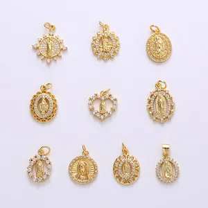 Set of 10 gold plated Virgin Mary religious charms with micro-pave cubic zirconia accents