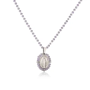 Detailed view of stainless steel oval religious medal necklace with purple gemstone beads