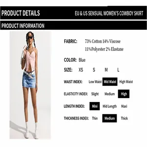 Sexy blue denim mini skirt with high elasticity and mid-low waist for summer fashion.