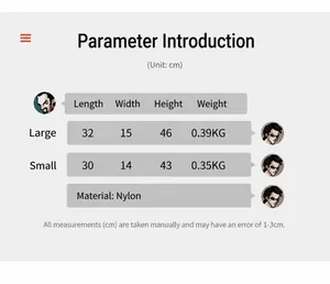 Size chart showing dimensions and weight for nylon backpack