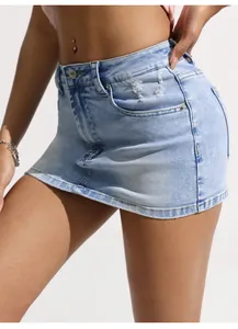 Close-up of a sexy light blue high-stretch distressed denim mini skirt for women.