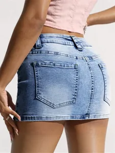 Sexy light blue high-elasticity distressed denim mini skirt with classic back pockets
