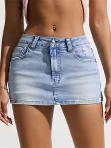 High-stretch light blue denim mini skirt with distressed details for women