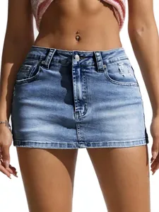 Sexy high stretch blue denim mini skirt with ripped details and low waist for women