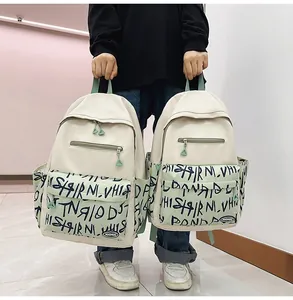 Close-up detail of a high-capacity student backpack featuring a stylish graffiti pocket design.