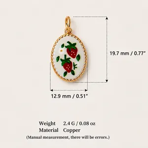 18K gold plated copper oval pendant charm with pastoral enamel strawberry design