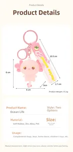 Detailed size chart and material specifications for pink axolotl cartoon keychain