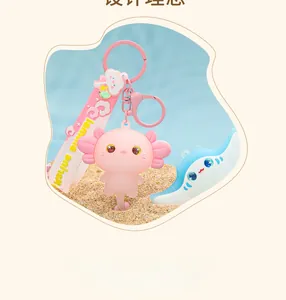 Detail shot of cute cartoon pink axolotl and blue stingray marine animal themed keychains