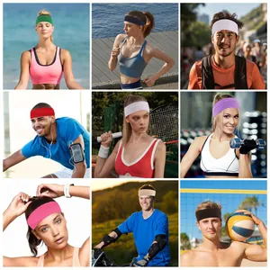 Collage of multi-color 7cm wide sports headbands shown in various fitness and outdoor sports.