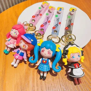 Vier schattige PVC anime personage sleutelhangers met gekleurd haar en leuke outfits