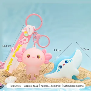 Cute cartoon axolotl and manta ray rubber keychains for bag decoration and gifts