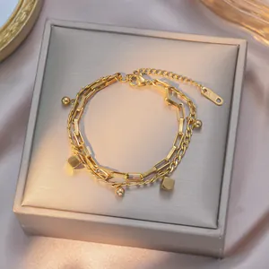 Bracciale A Catena A Strati Titanio Acciaio Inossidabile Placcato Oro Geometria Perle Quadrate Ciondoli Moda Elegante