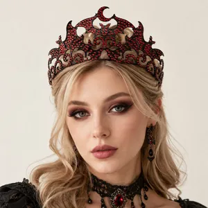 Close-up of gothic Halloween bat crown with red rhinestones and matching jewelry set