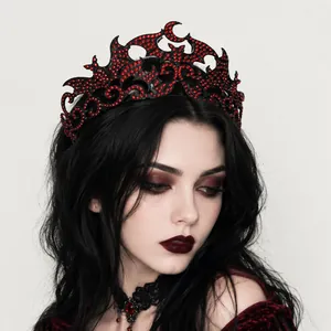 Gothic bat-shaped crown with red rhinestones for Halloween costume, modeled view