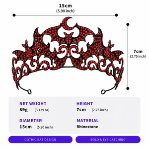 Detailed specs of Halloween Gothic bat crown with red rhinestones and 15cm diameter