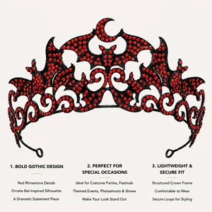Close-up of gothic Halloween bat tiara with vibrant red rhinestones on a black alloy frame