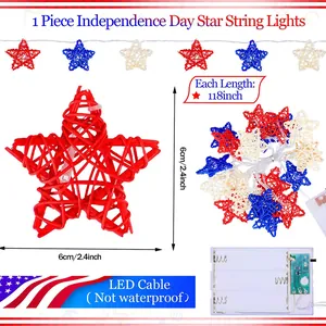 118-inch Independence Day rattan star string lights with red white and blue stars